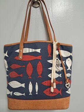 Rare Brighton Vera Neumann Nautical Navy Tote w/ Red & White Fish Leather Trim